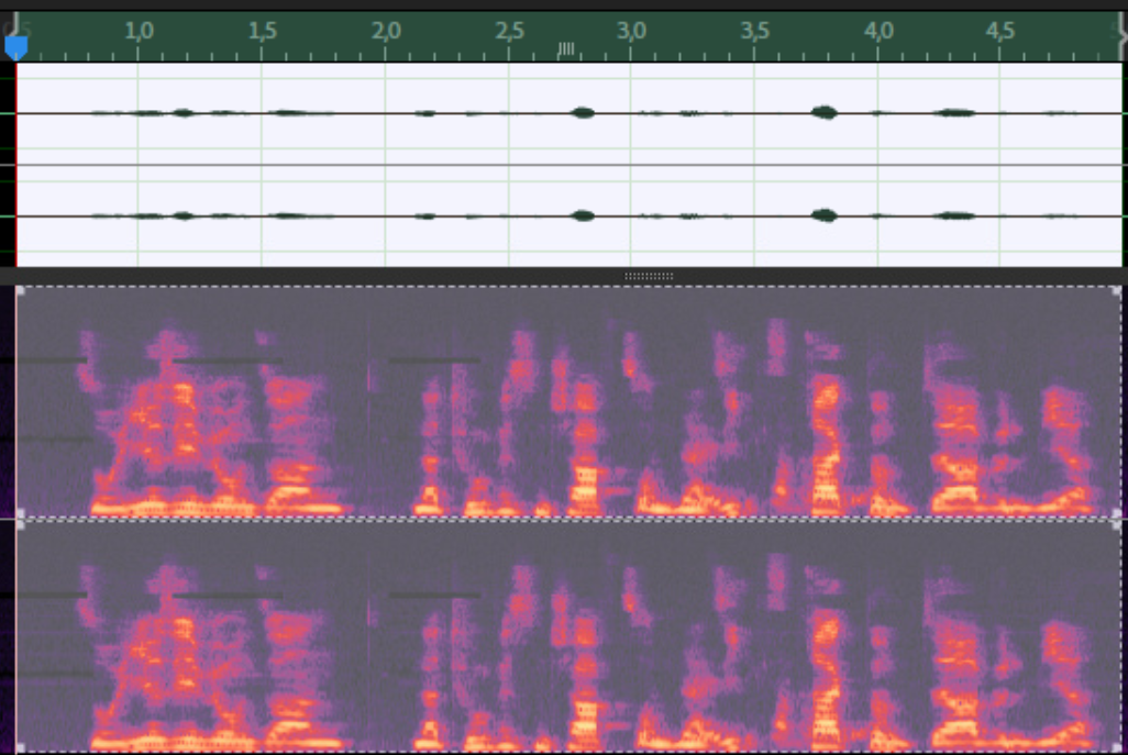 Spectrogram and audio waves of edited boosted audio clip.