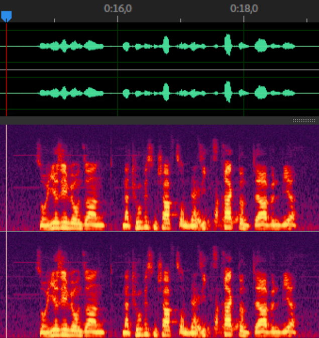 Spectrogram and audio waves of unedited boosted audio clip.